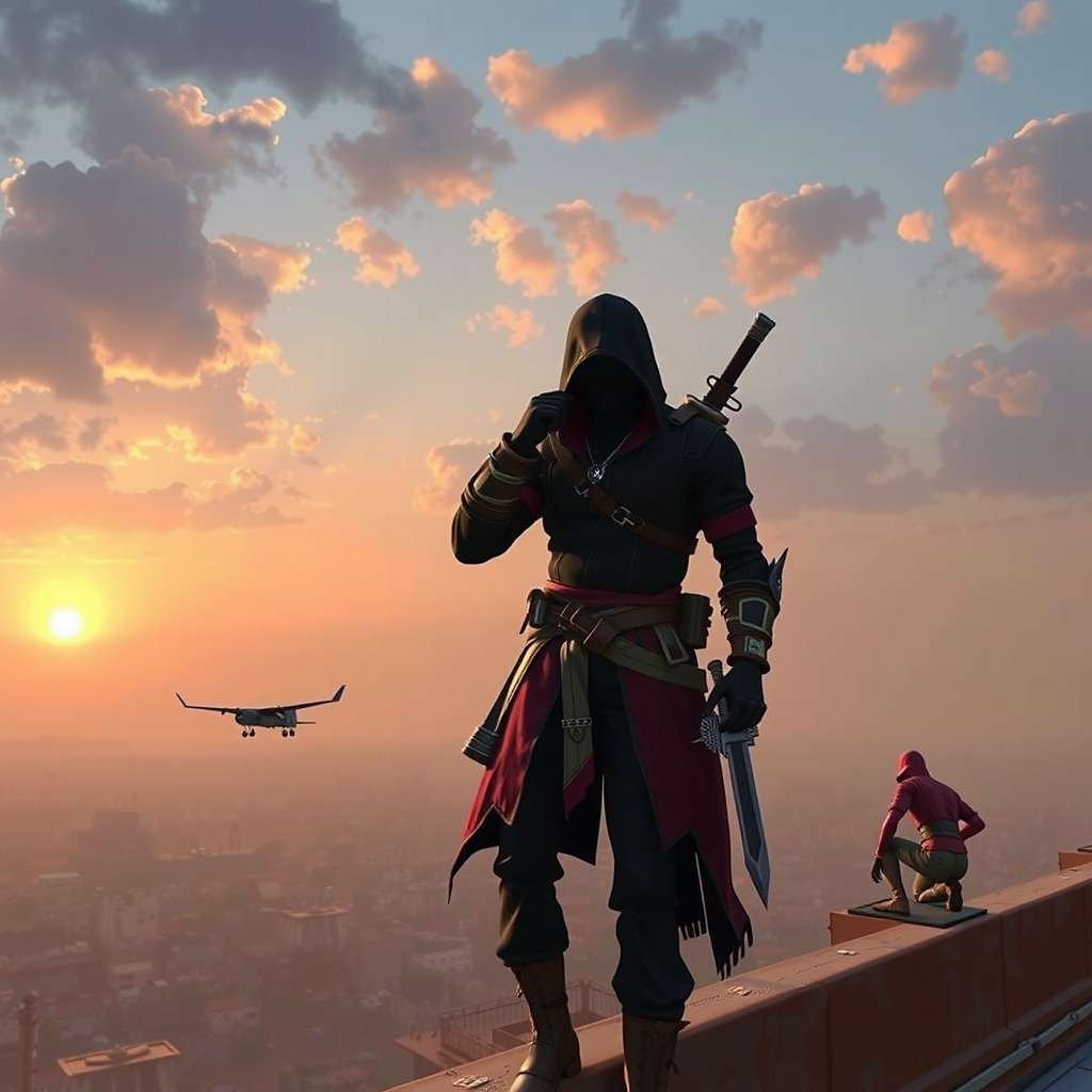 Anjuna Assassins main character in stealth pose on Indian rooftop